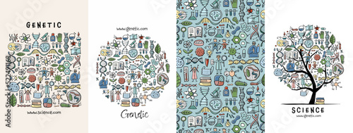Genetic, Biology, medicine - concept arts collection. Frame, pattern, tree. Set for your design project - cards, banners, poster, web, print, social media, promotional materials. Vector illustration
