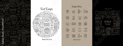 Fast food icons. Hamburger pizza sausages snacks sandwich ice cream. Food menu. Set of concept art for your design project - cards, banners, poster, web, print, social media, promotional materials