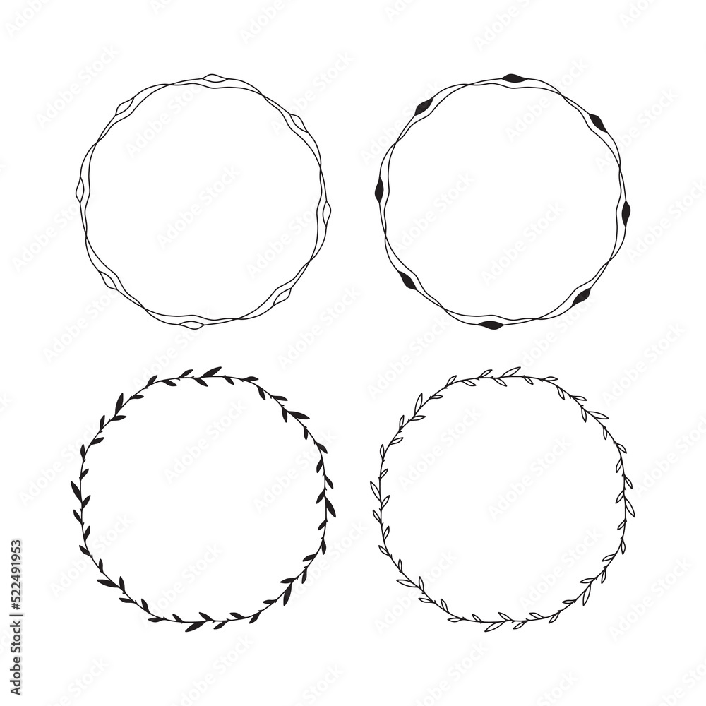 Set of 4 hand drawn spring wreaths isolated on white background, vector. Floral frames of leaves. Doodle style.Collection of floral monogram frames. Set of 4 hand drawn spring wreaths isolated on white background, vector. Floral frames of leaves. Doodle style.Collection of floral monogram frames.