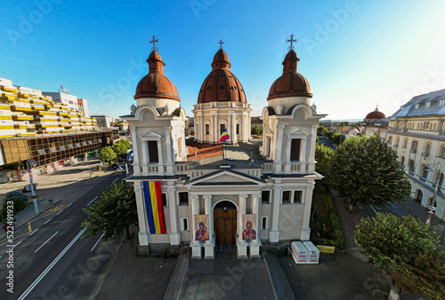 Aerial drone view of Church of the Annunciation in Targu Mures, Romania