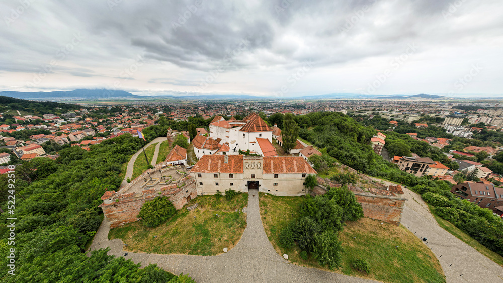 Aerial drone wide view of The Citadel in Brasov, Romania