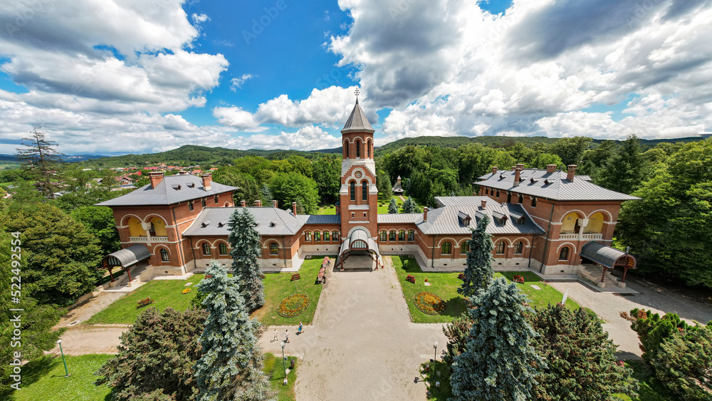 Aerial drone view of the Episcopal Church in Curtea de Arges Monastery in Romania