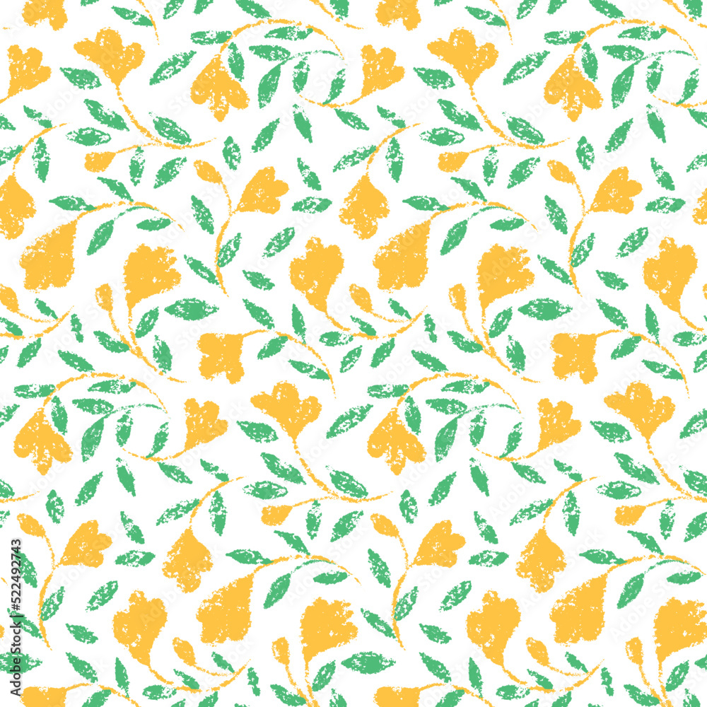 Seamless pattern with textured floral composition on a white surface. Design for ditsy print, botanical background with rustic motifs. Abstract pattern of small yellow flowers, leaves on twigs. Vector