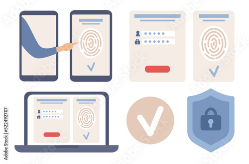 Scan fingerprint icon set. Data protection concept. Biometric access control. Biometrics identification and verification on smartphone or laptop screen. Vector flat illustration 