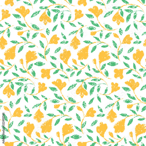 Seamless pattern with textured floral composition on a white surface. Design for ditsy print  botanical background with rustic motifs. Abstract pattern of small yellow flowers  leaves on twigs. Vector