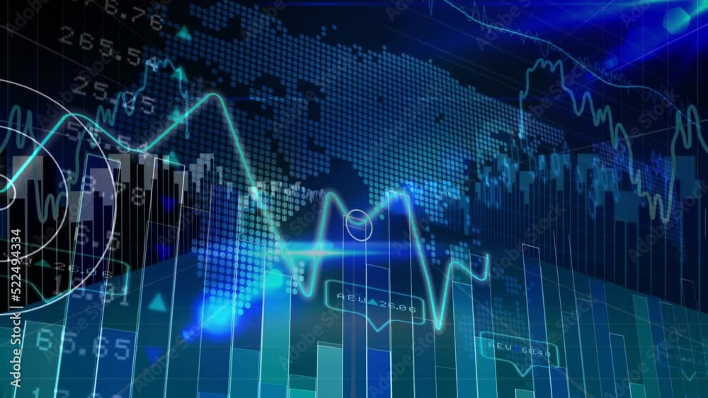 Animation of financial data processing over world map on black background Animation of financial data processing over world map on black background