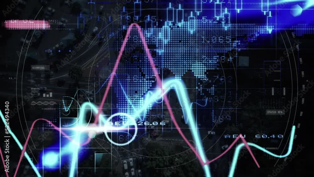 Animation of financial data processing over scope scanning and cityscape Animation of financial data processing over scope scanning and cityscape