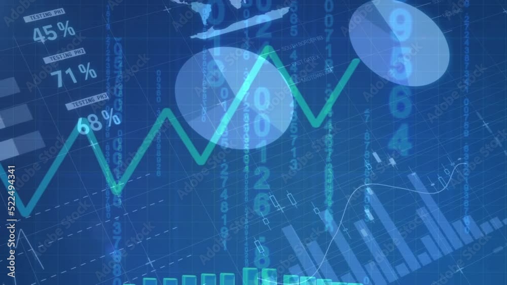 Animation of financial data processing on blue background Animation of financial data processing on blue background