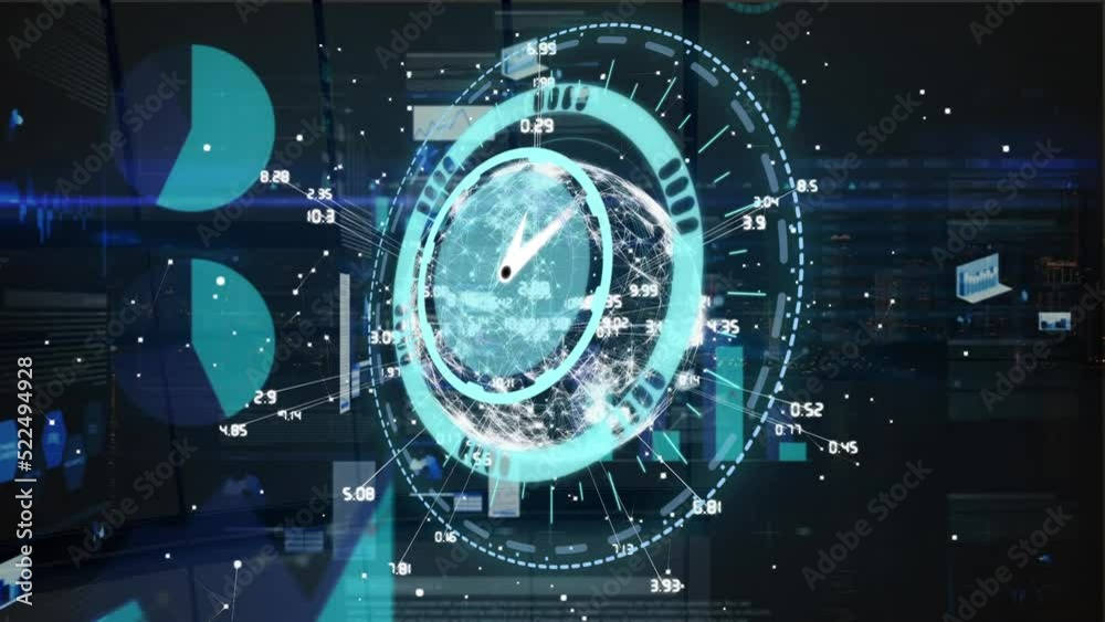 Animation of scope scanning with clock over globe and data processing on black background