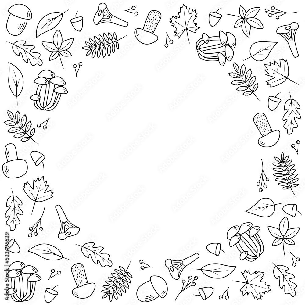 Doodle set of tree leaves and mushrooms, autumn concept, vector illustration.