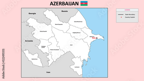 Azerbaijan Map. State and district map of Azerbaijan. Administrative map of Azerbaijan with district and capital in white color.
