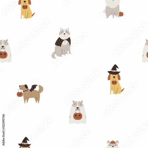 Halloween seamless paper with funny dogs in masquerade costumes