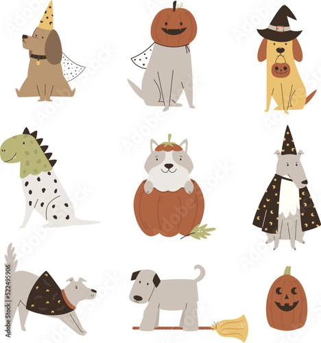 Set of Halloween dogs in mascarade costumes. Animal character designs in a cartoon style