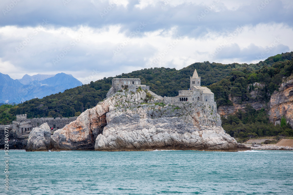 View from the sea of medieval church of St. Peter, Portovenere, Cinque Terre; Italy