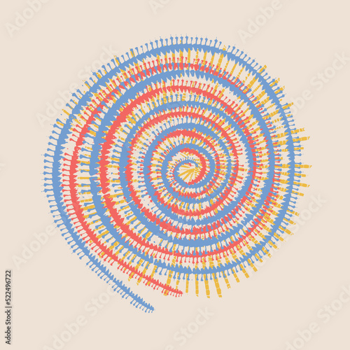 Colorful Spiral pint for textile print. Spiral rainbow Circle. Dyed Traditional Pattern. Hippie Brush Swirl. Circle Tie Dye concept. Swirl Seventies 70s textile style. Yellow Dyed Vector Background