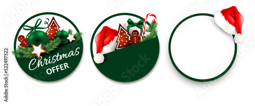 Round label set with christmas decoration. Santa hat, gingerbread man, cookies, gifts and fir twigs