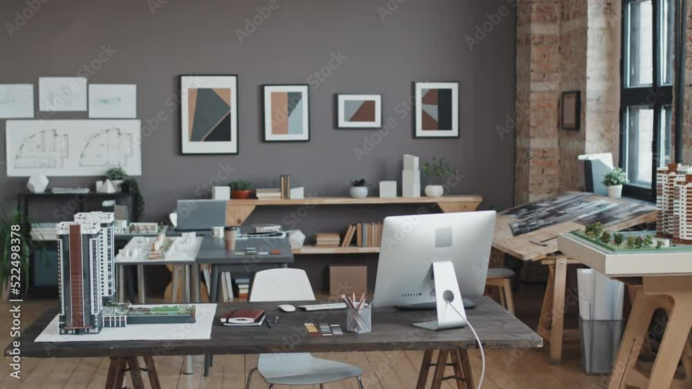 View of modern office of architectural bureau at daytime