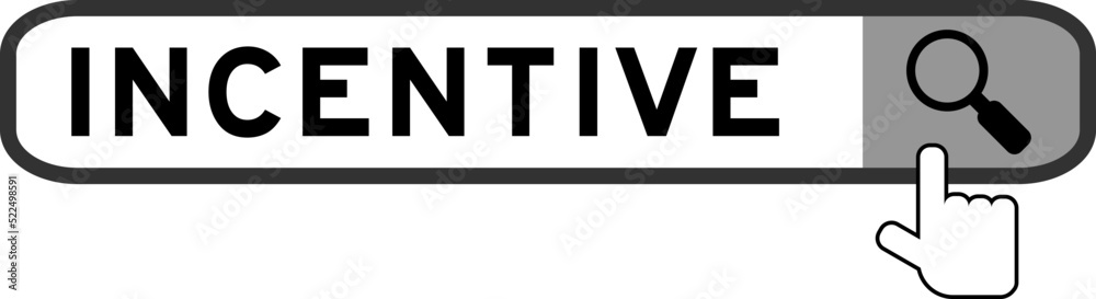 Search banner in word incentive with hand over magnifier icon on white background Search banner in word incentive with hand over magnifier icon on white background