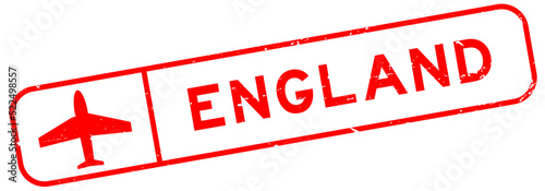 Grunge red england word with plane icon square rubber seal stamp on white background