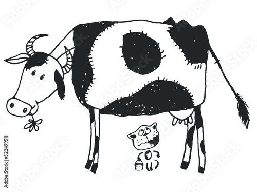 A cow and a kitten who wants milk