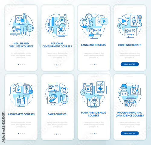 Online education fields blue onboarding mobile app screen set. Walkthrough 4 steps editable graphic instructions with linear concepts. UI, UX, GUI template. Myriad Pro-Bold, Regular fonts used