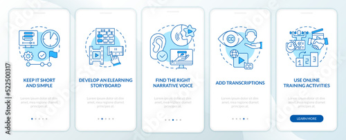 Sales online training videos blue onboarding mobile app screen. Walkthrough 5 steps editable graphic instructions with linear concepts. UI, UX, GUI template. Myriad Pro-Bold, Regular fonts used