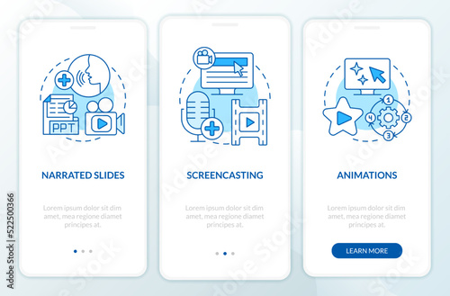 Online video methods blue onboarding mobile app screen. Walkthrough 3 steps editable graphic instructions with linear concepts. UI, UX, GUI template. Myriad Pro-Bold, Regular fonts used