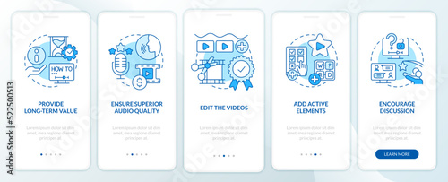 Elearning video tips blue onboarding mobile app screen. Walkthrough 5 steps editable graphic instructions with linear concepts. UI, UX, GUI template. Myriad Pro-Bold, Regular fonts used
