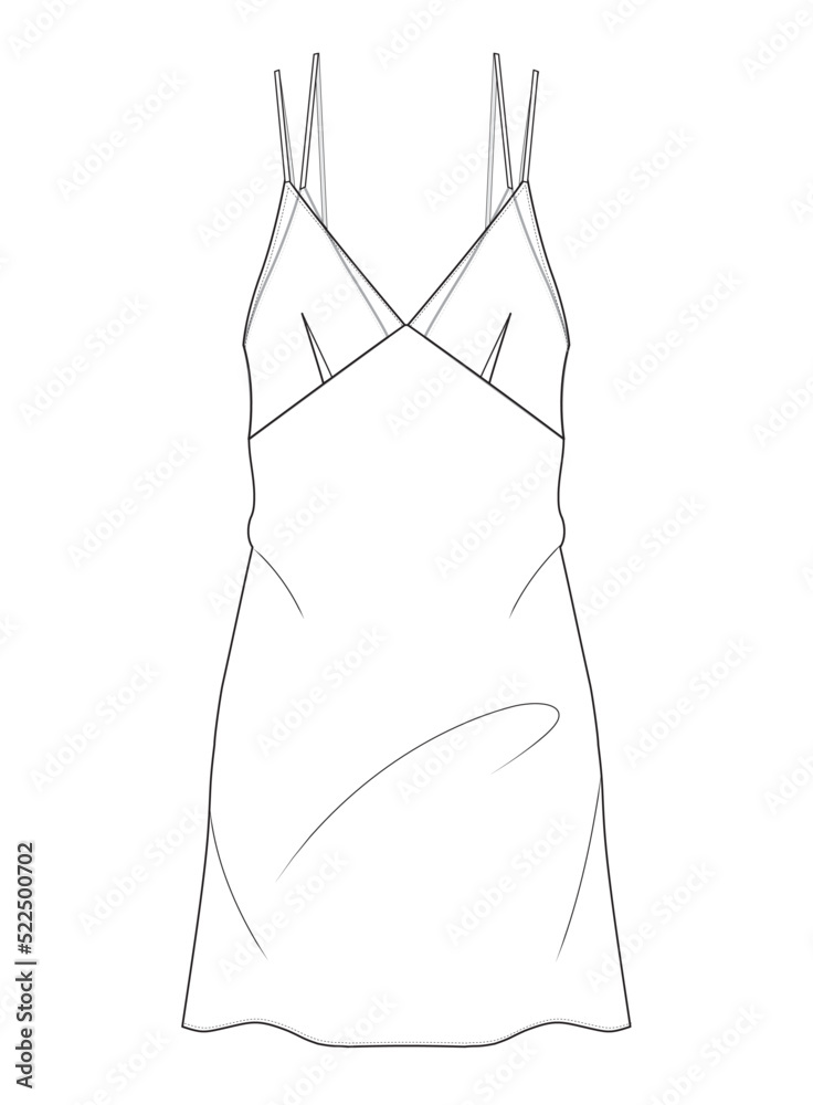 womens slip dress, camisole dress fashion flat sketch vector
