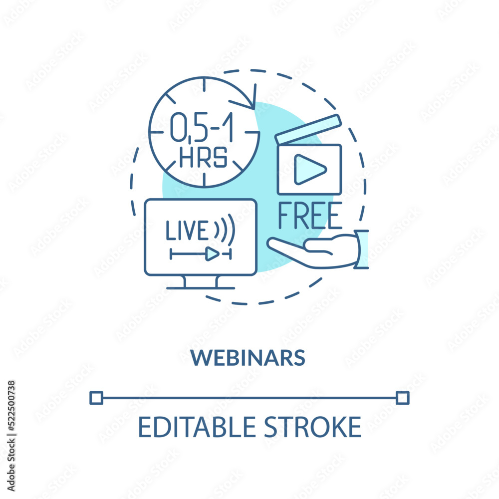 Webinars turquoise concept icon. Real time broadcasting. Online tutorials type abstract idea thin line illustration. Isolated outline drawing. Editable stroke. Arial, Myriad Pro-Bold fonts used Webinars turquoise concept icon. Real time broadcasting. Online tutorials type abstract idea thin line illustration. Isolated outline drawing. Editable stroke. Arial, Myriad Pro-Bold fonts used