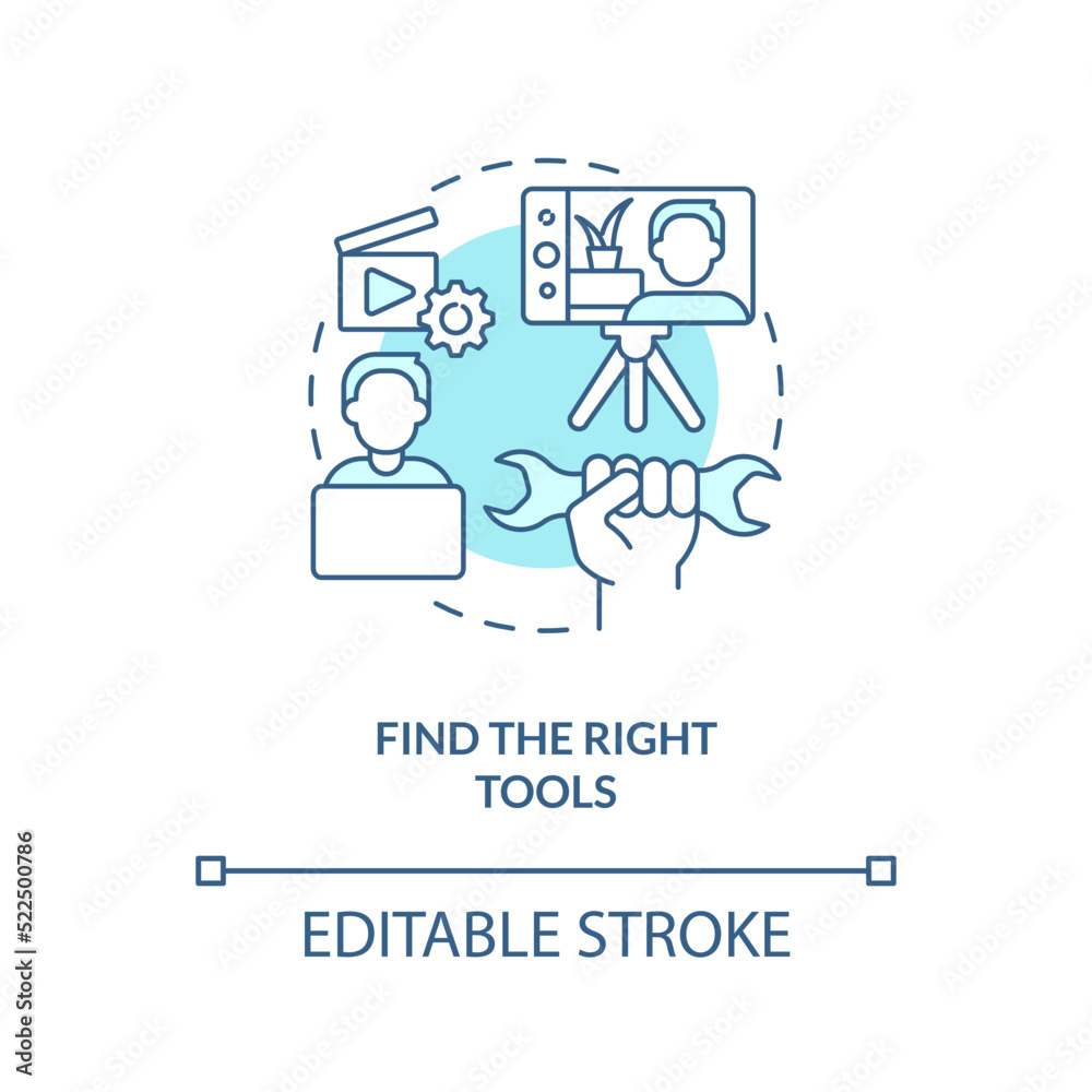 Find right tools turquoise concept icon. Creating educational video abstract idea thin line illustration. Isolated outline drawing. Editable stroke. Arial, Myriad Pro-Bold fonts used Find right tools turquoise concept icon. Creating educational video abstract idea thin line illustration. Isolated outline drawing. Editable stroke. Arial, Myriad Pro-Bold fonts used