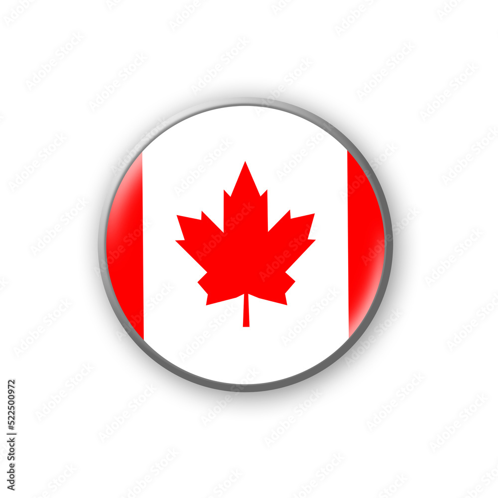 Canada flag. Round badge in the colors of the Canada flag. Isolated on white background. Design element. 3D illustration. Canada flag. Round badge in the colors of the Canada flag. Isolated on white background. Design element. 3D illustration.
