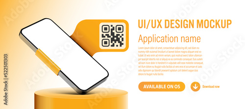 Smartphone mobile app template with blank screen on podium - description and download link with QR code on ribbon included