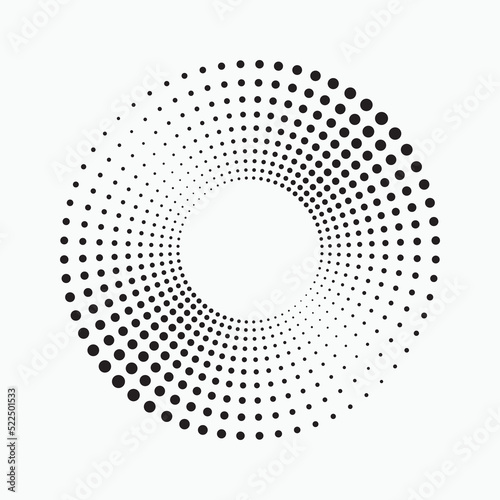 Halftone circular spiral logo set. Circular dotted isolated on the white background. Halftone fabric design. Halftone circle dots texture. Vector design element for various purposes.