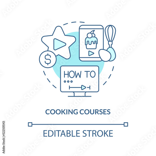 Cooking courses turquoise concept icon. Culinary lessons. Online tutorial idea abstract idea thin line illustration. Isolated outline drawing. Editable stroke. Arial, Myriad Pro-Bold fonts used