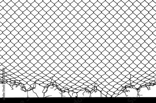 Damage wire mesh of fence silhouette isolated on white background