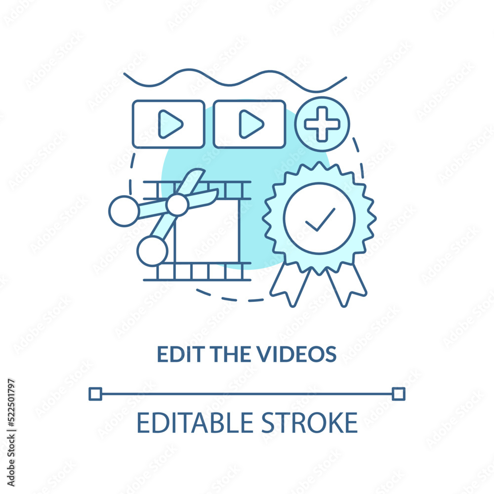 Edit videos turquoise concept icon. Cut and add transitions. E Learning video tip abstract idea thin line illustration. Isolated outline drawing. Editable stroke. Arial, Myriad Pro-Bold fonts used