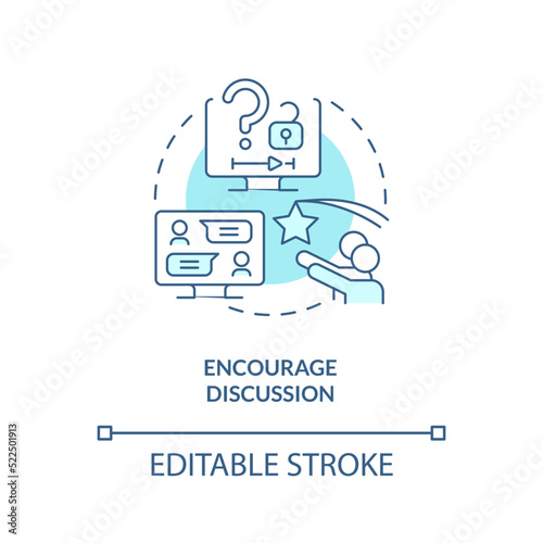 Encourage discussion turquoise concept icon. Student opinion. E Learning video tip abstract idea thin line illustration. Isolated outline drawing. Editable stroke. Arial, Myriad Pro-Bold fonts used