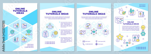 Online tutorials ideas turquoise brochure template. Leaflet design with linear icons. Editable 4 vector layouts for presentation, annual reports. Arial-Black, Myriad Pro-Regular fonts used