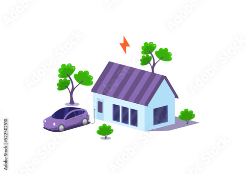 Electric car recharged with electricity from a house. Green infrastructure vector concept illustration