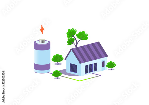 Renewable green electricity storage battery powering a house. Green infrastructure vector concept illustration