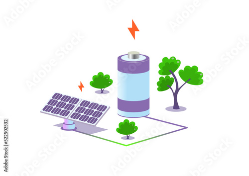 Renewable green electricity storage battery recharged by solar energy . Green infrastructure vector concept illustration