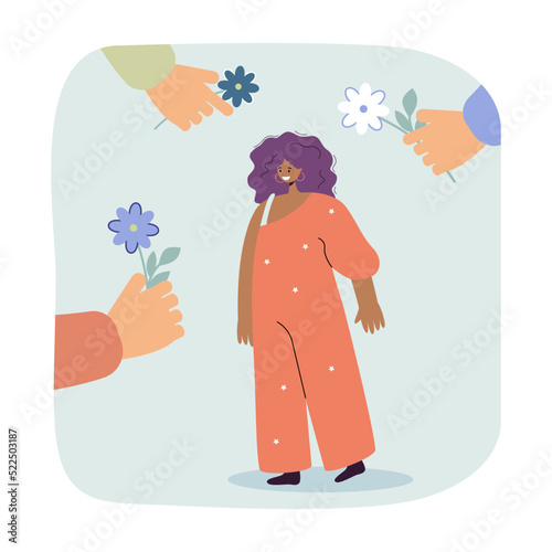 Hands of men giving field flowers to beautiful cartoon woman. Girl choosing partner flat vector illustration. Romance, love, relationship, popularity concept for banner, website design or landing page