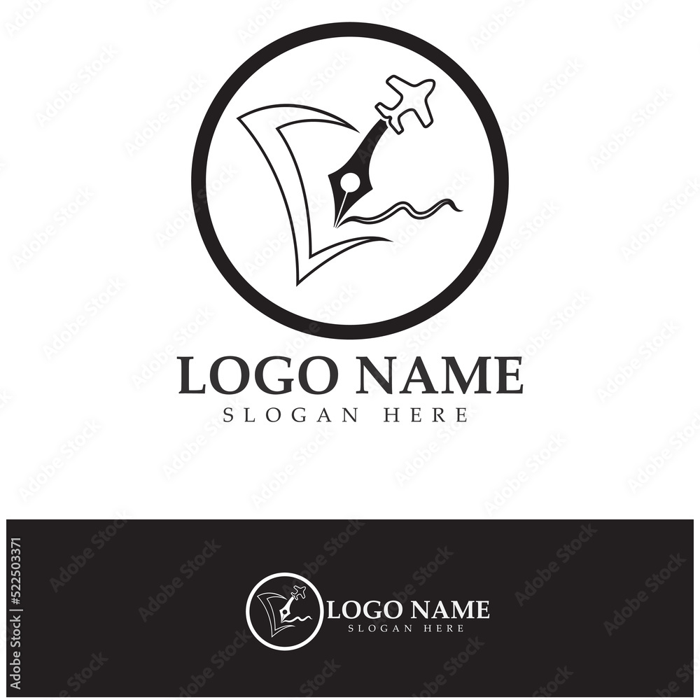 Fototapeta premium travel blog logo of airplane pen and book illustration design vector icon template
