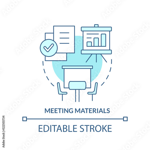 Meeting materials turquoise concept icon. Presentation supplies. Conference norm abstract idea thin line illustration. Isolated outline drawing. Editable stroke. Arial, Myriad Pro-Bold fonts used