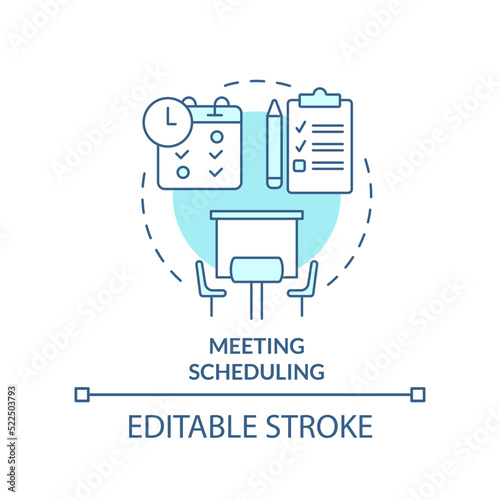 Meeting scheduling turquoise concept icon. Work planning. Business conference norm abstract idea thin line illustration. Isolated outline drawing. Editable stroke. Arial, Myriad Pro-Bold fonts used