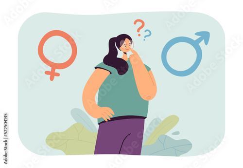 Pensive girl thinking about sexes or genders. Female and male symbols around woman flat vector illustration. Gender equality, sexuality, society concept for banner, website design or landing page