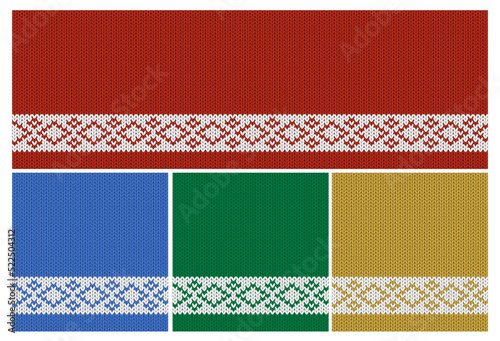 Christmas knit pattern with white ornament for website banner or sale horizontal design. 2023 New Year wallpaper with knitted texture. Holiday sweater vector graphic