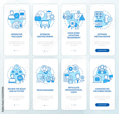Hybrid workplace blue onboarding mobile app screen set. Transformation walkthrough 5 steps editable graphic instructions with linear concepts. UI, UX, GUI template. Myriad Pro-Bold, Regular fonts used