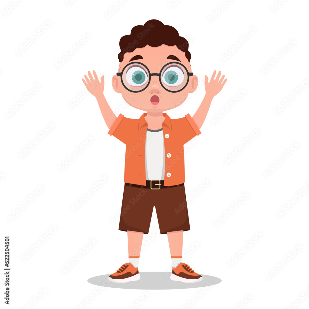 Cute boy with glasses, scared. Vector illustration